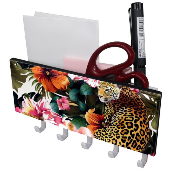 PhooArto Key Holder for Wall Decorative with 5 Key Hooks, Leopard Flower Tropical Pattern Holders Wall Mount Organizer with Mail Key Rack, Self Adhesive