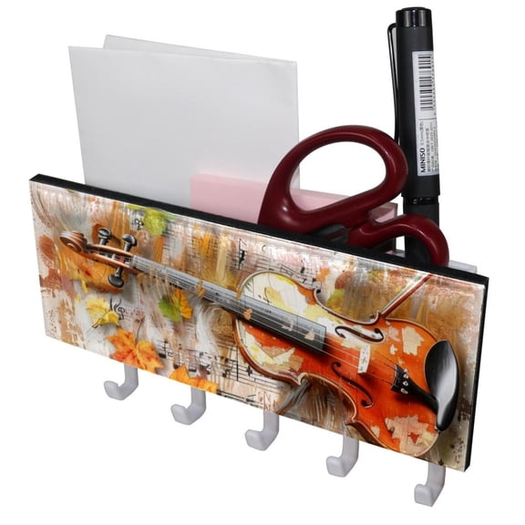 PhooArto Key Holder for Wall Decorative with 5 Key Hooks, Maple Leaves and Violin Music Holders Wall Mount Organizer with Mail Key Rack, Self Adhesive