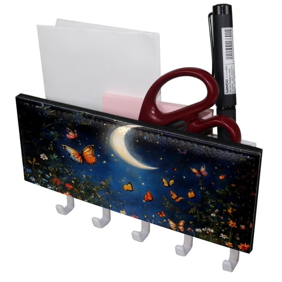 PhooArto Key Holder for Wall Decorative with 5 Key Hooks, Night Sky Moon Butterflies Flower Holders Wall Mount Organizer with Mail Key Rack, Self Adhesive