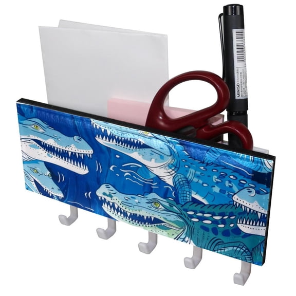 PhooArto Key Holder for Wall Decorative with 5 Key Hooks, Ocean Blue Crocodile Patterns Holders Wall Mount Organizer with Mail Key Rack, Self Adhesive