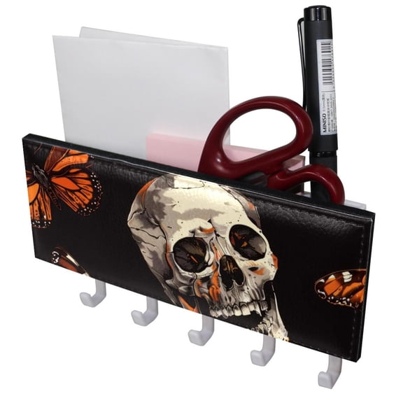 PhooArto Key Holder for Wall Decorative with 5 Key Hooks, Orange Butterfly Skull Patterns Holders Wall Mount Organizer with Mail Key Rack, Self Adhesive