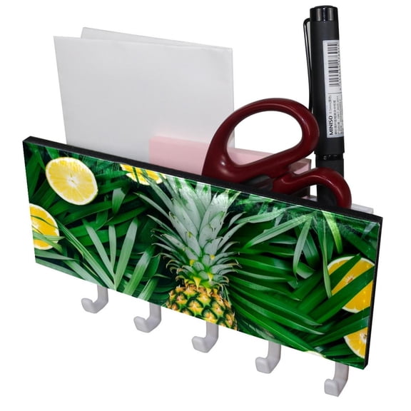 PhooArto Key Holder for Wall Decorative with 5 Key Hooks, Palm Leaves Pineapple Pattern Holders Wall Mount Organizer with Mail Key Rack, Self Adhesive