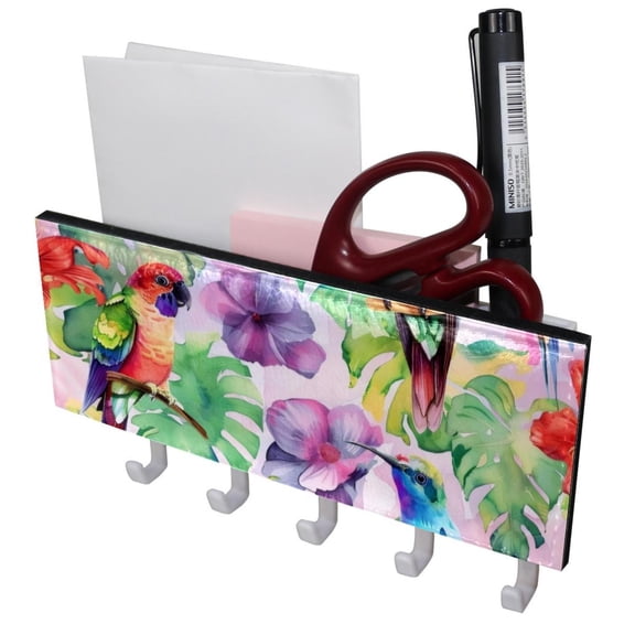 PhooArto Key Holder for Wall Decorative with 5 Key Hooks, Parrots Bird Watercolor Pattern Holders Wall Mount Organizer with Mail Key Rack, Self Adhesive