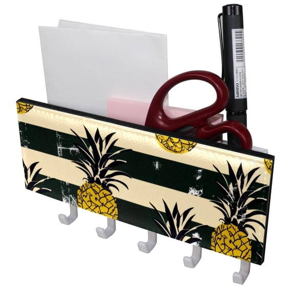 PhooArto Key Holder for Wall Decorative with 5 Key Hooks, Pineapple Black Stripes Pattern Holders Wall Mount Organizer with Mail Key Rack, Self Adhesive