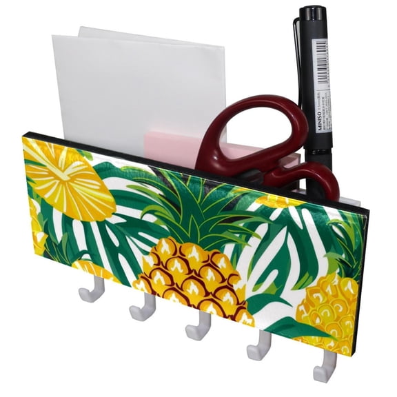 PhooArto Key Holder for Wall Decorative with 5 Key Hooks, Pineapple Hawaii Palm Leaves Pattern Holders Wall Mount Organizer with Mail Key Rack, Self Adhesive