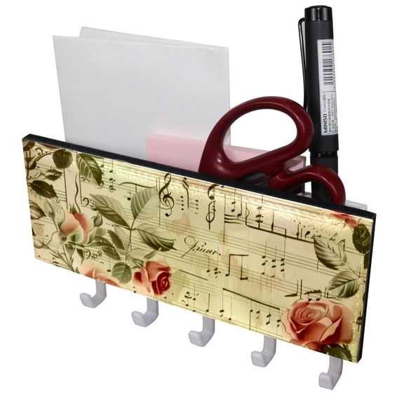 PhooArto Key Holder for Wall Decorative with 5 Key Hooks, Pink Rose Flower Music Notes Pattern Holders Wall Mount Organizer with Mail Key Rack, Self Adhesive