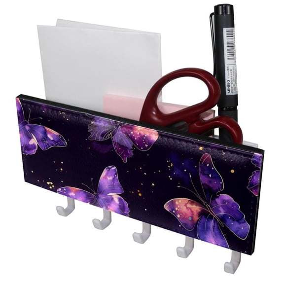 PhooArto Key Holder for Wall Decorative with 5 Key Hooks, Purple Galaxy Butterflies Pattern Holders Wall Mount Organizer with Mail Key Rack, Self Adhesive