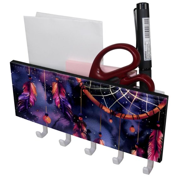 PhooArto Key Holder for Wall Decorative with 5 Key Hooks, Purple Galaxy Dreamcatcher Pattern Holders Wall Mount Organizer with Mail Key Rack, Self Adhesive