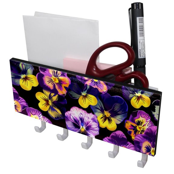 PhooArto Key Holder for Wall Decorative with 5 Key Hooks, Purple Pansy Floral Skull Pattern Holders Wall Mount Organizer with Mail Key Rack, Self Adhesive
