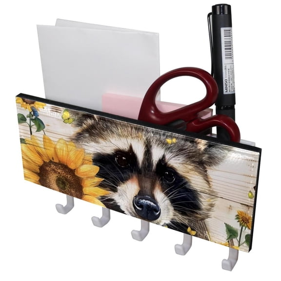 PhooArto Key Holder for Wall Decorative with 5 Key Hooks, Raccoon Butterfly Sunflower Wooden Board Holders Wall Mount Organizer with Mail Key Rack, Self Adhesive