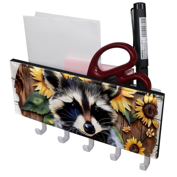 PhooArto Key Holder for Wall Decorative with 5 Key Hooks, Raccoon Sunflower in Wooden Board Holders Wall Mount Organizer with Mail Key Rack, Self Adhesive