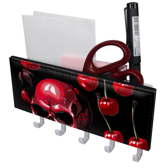 PhooArto Key Holder for Wall Decorative with 5 Key Hooks, Red Cherry Patterns Skull Head Holders Wall Mount Organizer with Mail Key Rack, Self Adhesive