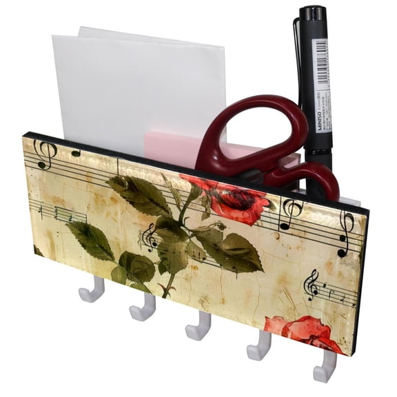 PhooArto Key Holder for Wall Decorative with 5 Key Hooks, Red Rose Flower Music Notes Pattern Holders Wall Mount Organizer with Mail Key Rack, Self Adhesive