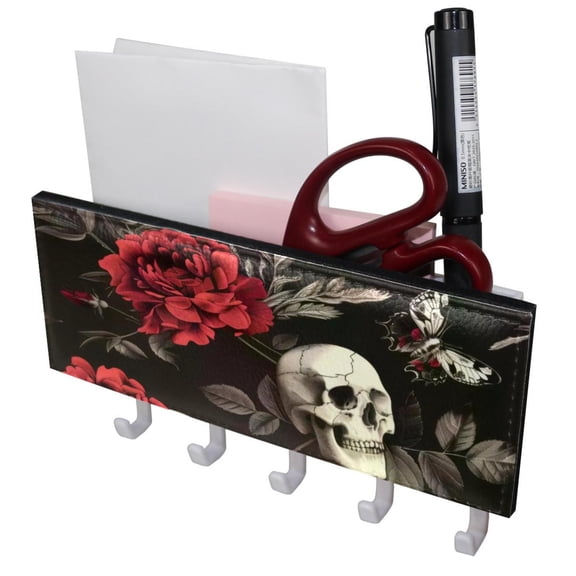 PhooArto Key Holder for Wall Decorative with 5 Key Hooks, Red Rose Skull Hawk Moth Pattern Holders Wall Mount Organizer with Mail Key Rack, Self Adhesive