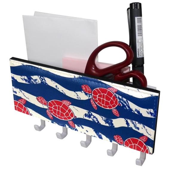 PhooArto Key Holder for Wall Decorative with 5 Key Hooks, Red Sea Turtle on Wave Stripe Holders Wall Mount Organizer with Mail Key Rack, Self Adhesive