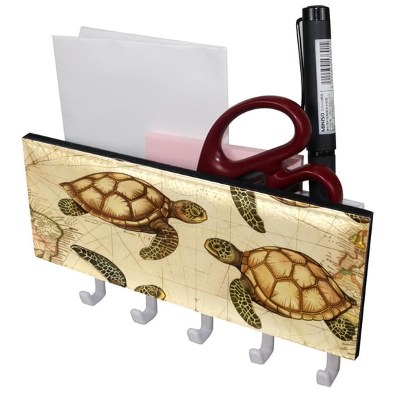 PhooArto Key Holder for Wall Decorative with 5 Key Hooks, Retro Map Sea Turtles Pattern Holders Wall Mount Organizer with Mail Key Rack, Self Adhesive