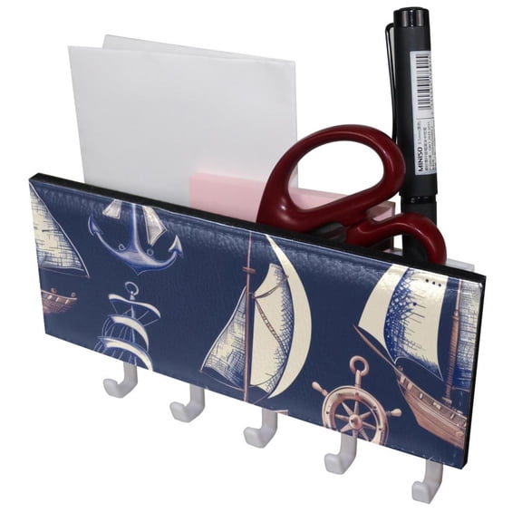 PhooArto Key Holder for Wall Decorative with 5 Key Hooks, Sailboat Anchor Compass Pattern Holders Wall Mount Organizer with Mail Key Rack, Self Adhesive