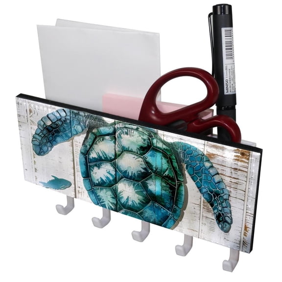PhooArto Key Holder for Wall Decorative with 5 Key Hooks, Sea Turtle White Wooden Board Holders Wall Mount Organizer with Mail Key Rack, Self Adhesive