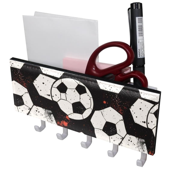 PhooArto Key Holder for Wall Decorative with 5 Key Hooks, Soccer Football Black Pattern Holders Wall Mount Organizer with Mail Key Rack, Self Adhesive
