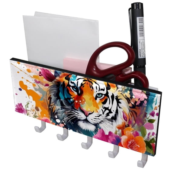 PhooArto Key Holder for Wall Decorative with 5 Key Hooks, Splashes Tiger Flowers Pattern Holders Wall Mount Organizer with Mail Key Rack, Self Adhesive