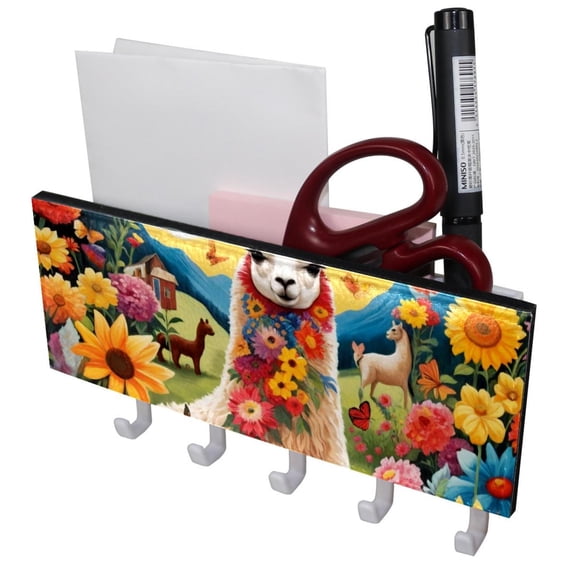 PhooArto Key Holder for Wall Decorative with 5 Key Hooks, Spring Flower Butterfly Alpaca Holders Wall Mount Organizer with Mail Key Rack, Self Adhesive