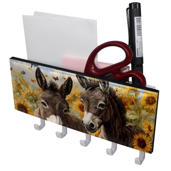 PhooArto Key Holder for Wall Decorative with 5 Key Hooks, Sunflower Field Donkey Butterflies Holders Wall Mount Organizer with Mail Key Rack, Self Adhesive