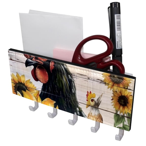 PhooArto Key Holder for Wall Decorative with 5 Key Hooks, Sunflower Rooster Wooden Board Holders Wall Mount Organizer with Mail Key Rack, Self Adhesive
