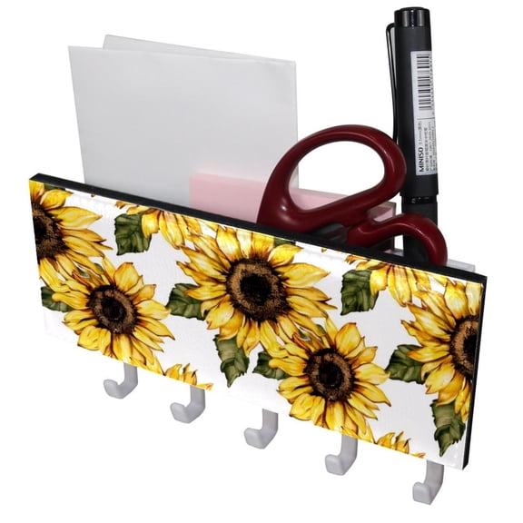 PhooArto Key Holder for Wall Decorative with 5 Key Hooks, Sunflower in White Background Holders Wall Mount Organizer with Mail Key Rack, Self Adhesive