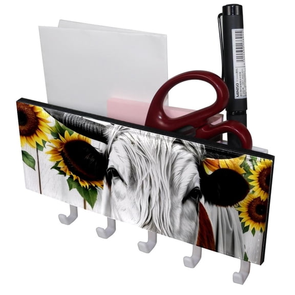 PhooArto Key Holder for Wall Decorative with 5 Key Hooks, Sunflower White Cow Wooden Board Holders Wall Mount Organizer with Mail Key Rack, Self Adhesive