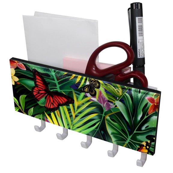 PhooArto Key Holder for Wall Decorative with 5 Key Hooks, Tropical Leaf Flowers Butterfly Holders Wall Mount Organizer with Mail Key Rack, Self Adhesive