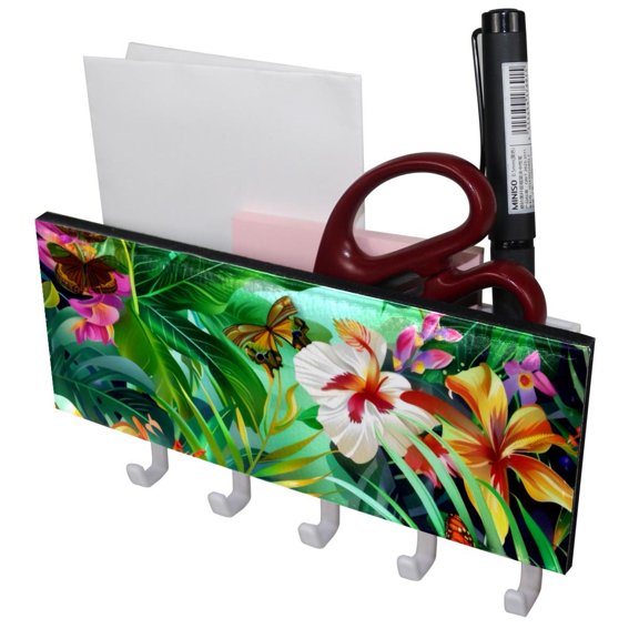 PhooArto Key Holder for Wall Decorative with 5 Key Hooks, Tropical Leaves Flowers Butterfly Holders Wall Mount Organizer with Mail Key Rack, Self Adhesive