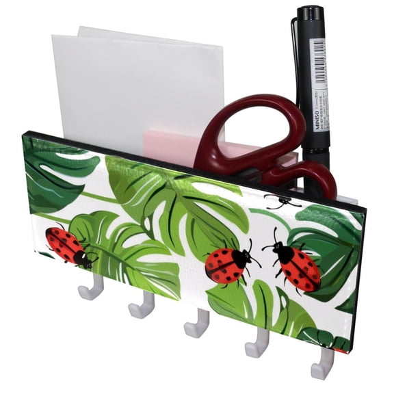 PhooArto Key Holder for Wall Decorative with 5 Key Hooks, Tropical Palm Leaf Ladybugs Pattern Holders Wall Mount Organizer with Mail Key Rack, Self Adhesive