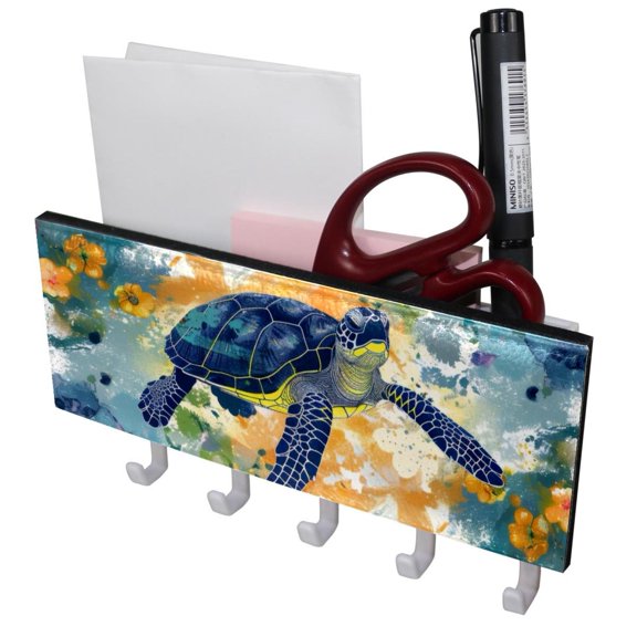 PhooArto Key Holder for Wall Decorative with 5 Key Hooks, Turtle Flowers Splashes Pattern Holders Wall Mount Organizer with Mail Key Rack, Self Adhesive