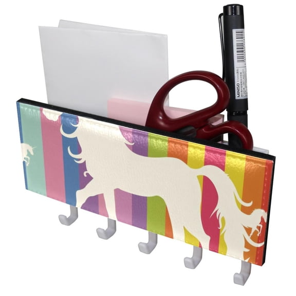PhooArto Key Holder for Wall Decorative with 5 Key Hooks, Unicorn Silhouette Rainbow Striped Holders Wall Mount Organizer with Mail Key Rack, Self Adhesive