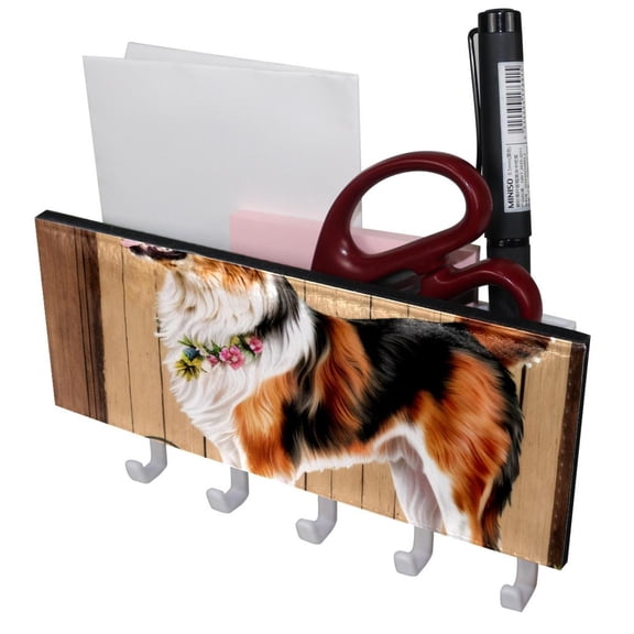 PhooArto Key Holder for Wall Decorative with 5 Key Hooks, Vintage Dog Rose Flower Wood Board Holders Wall Mount Organizer with Mail Key Rack, Self Adhesive