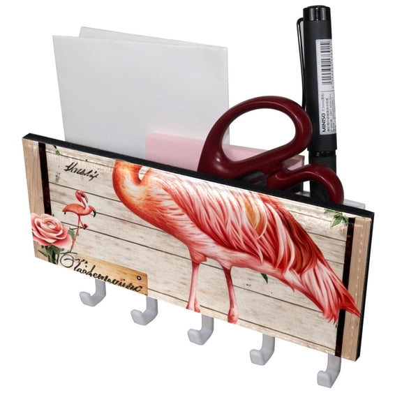 PhooArto Key Holder for Wall Decorative with 5 Key Hooks, Vintage Letter Flamingo Flower Holders Wall Mount Organizer with Mail Key Rack, Self Adhesive