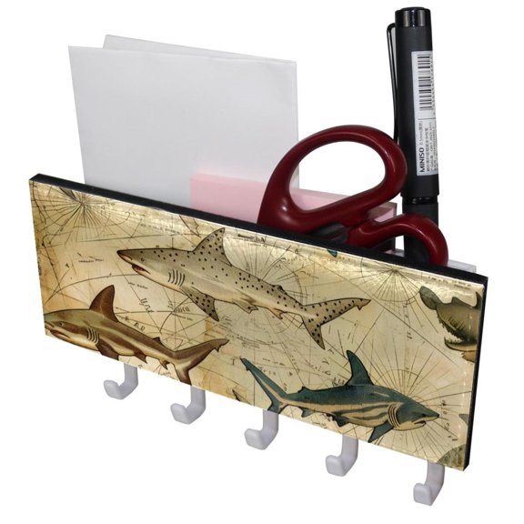 PhooArto Key Holder for Wall Decorative with 5 Key Hooks, Vintage Map Sea Shark Pattern Holders Wall Mount Organizer with Mail Key Rack, Self Adhesive