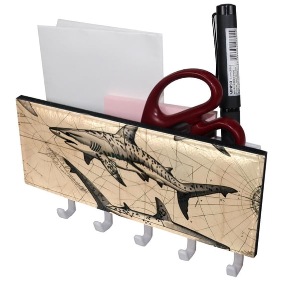 PhooArto Key Holder for Wall Decorative with 5 Key Hooks, Vintage Map Sea Sharks Pattern Holders Wall Mount Organizer with Mail Key Rack, Self Adhesive