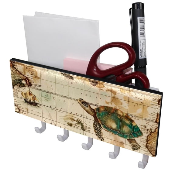 PhooArto Key Holder for Wall Decorative with 5 Key Hooks, Vintage Map and Turtles Patterns Holders Wall Mount Organizer with Mail Key Rack, Self Adhesive