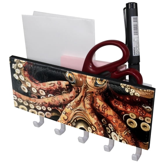 PhooArto Key Holder for Wall Decorative with 5 Key Hooks, Vintage Octopus Tentacles Print Holders Wall Mount Organizer with Mail Key Rack, Self Adhesive
