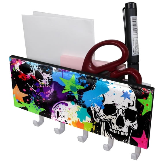 PhooArto Key Holder for Wall Decorative with 5 Key Hooks, Watercolor Splash Skulls Stars Holders Wall Mount Organizer with Mail Key Rack, Self Adhesive