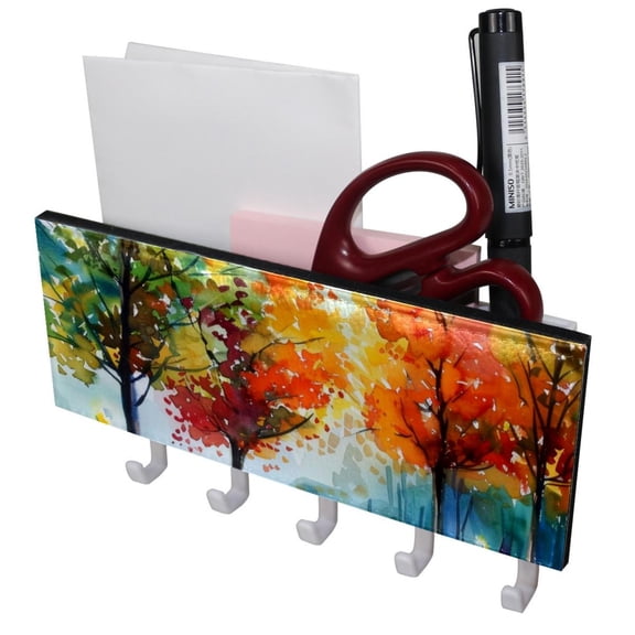 PhooArto Key Holder for Wall Decorative with 5 Key Hooks, Watercolors Trees Colored Print Holders Wall Mount Organizer with Mail Key Rack, Self Adhesive