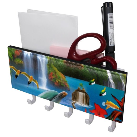 PhooArto Key Holder for Wall Decorative with 5 Key Hooks, Waterfall and Parrots Dolphins Holders Wall Mount Organizer with Mail Key Rack, Self Adhesive
