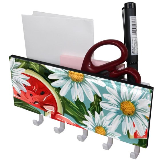 PhooArto Key Holder for Wall Decorative with 5 Key Hooks, Watermelon Daisy Flower Pattern Holders Wall Mount Organizer with Mail Key Rack, Self Adhesive