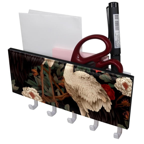 PhooArto Key Holder for Wall Decorative with 5 Key Hooks, White Crane Red Flower Pattern Holders Wall Mount Organizer with Mail Key Rack, Self Adhesive