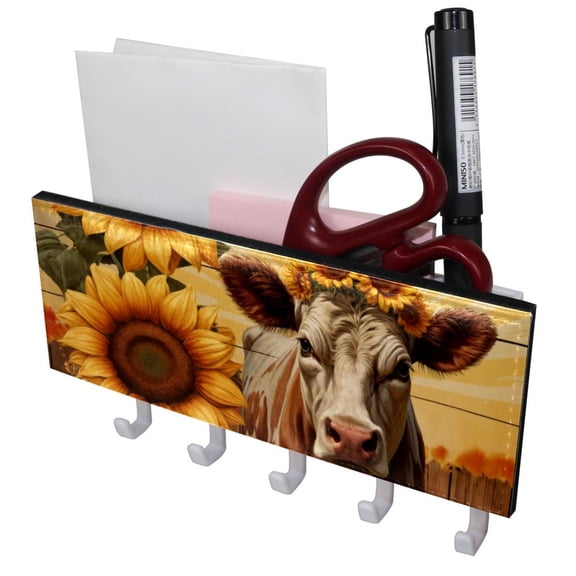 PhooArto Key Holder for Wall Decorative with 5 Key Hooks, Wooden Board Cow Sunflower Wreath Holders Wall Mount Organizer with Mail Key Rack, Self Adhesive