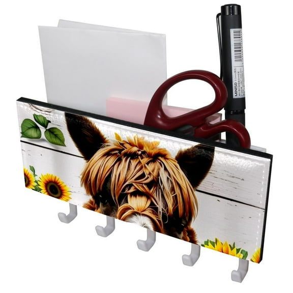 PhooArto Key Holder for Wall Decorative with 5 Key Hooks, Wooden Board Sunflower Alpaca Holders Wall Mount Organizer with Mail Key Rack, Self Adhesive