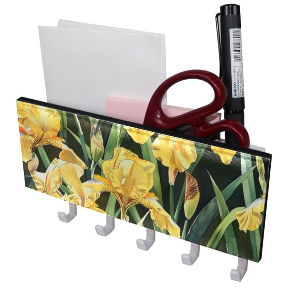 PhooArto Key Holder for Wall Decorative with 5 Key Hooks, Yellow Floral Iris Flower Pattern Holders Wall Mount Organizer with Mail Key Rack, Self Adhesive