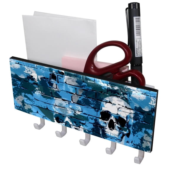 PhooArto Key Holder for Wall Decorative with 5 Key Hooks, Abstract Wall Skulls Pattern Holders Wall Mount Organizer with Mail Key Rack, Self Adhesive