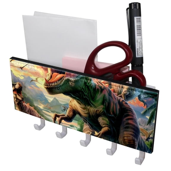 PhooArto Key Holder for Wall Decorative with 5 Key Hooks, Animals Dinosaurs Forest Holders Wall Mount Organizer with Mail Key Rack, Self Adhesive